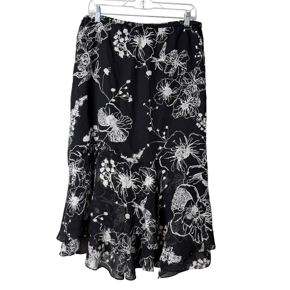 Chico's Vortex Skirt Womens L Black White Silk Floral Ruffle Midi Pansy Noir
